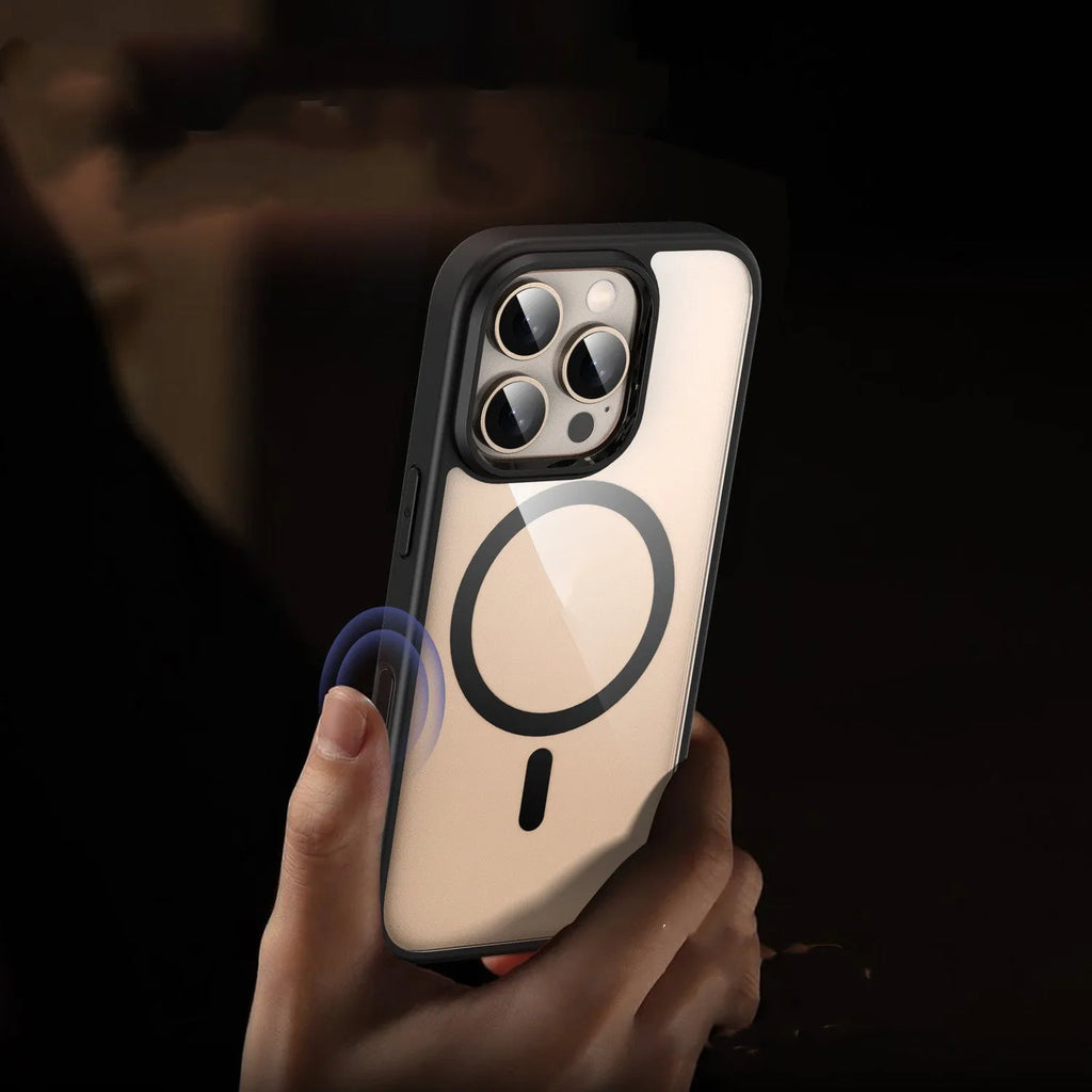 Black transparent magnetic protective case for iPhone 16 models with airbag technology.