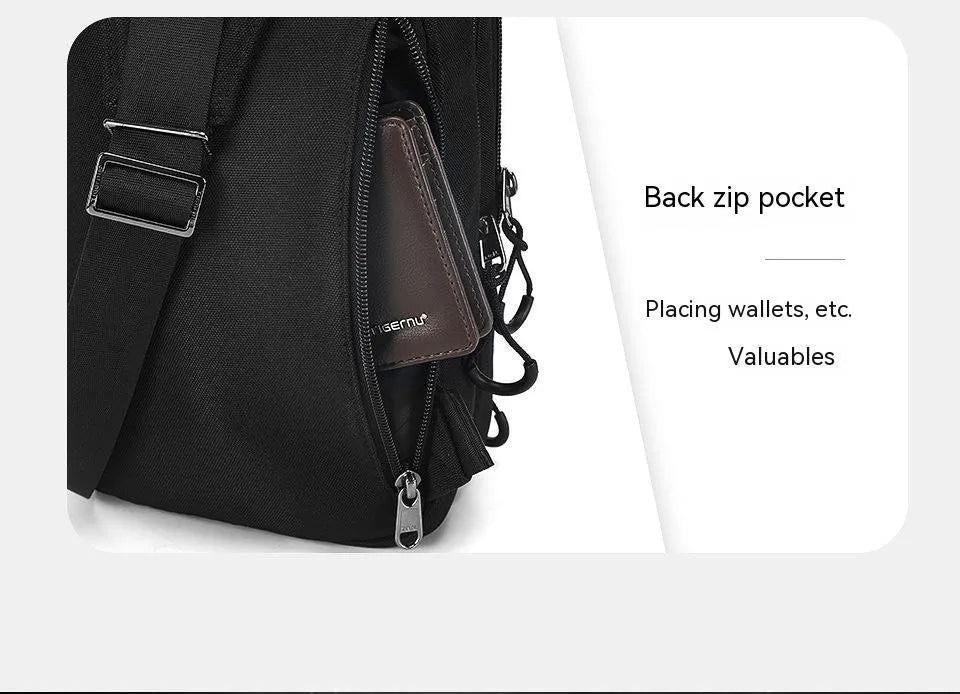 Casual black waterproof chest bag with camouflage pattern, single shoulder strap and soft handle