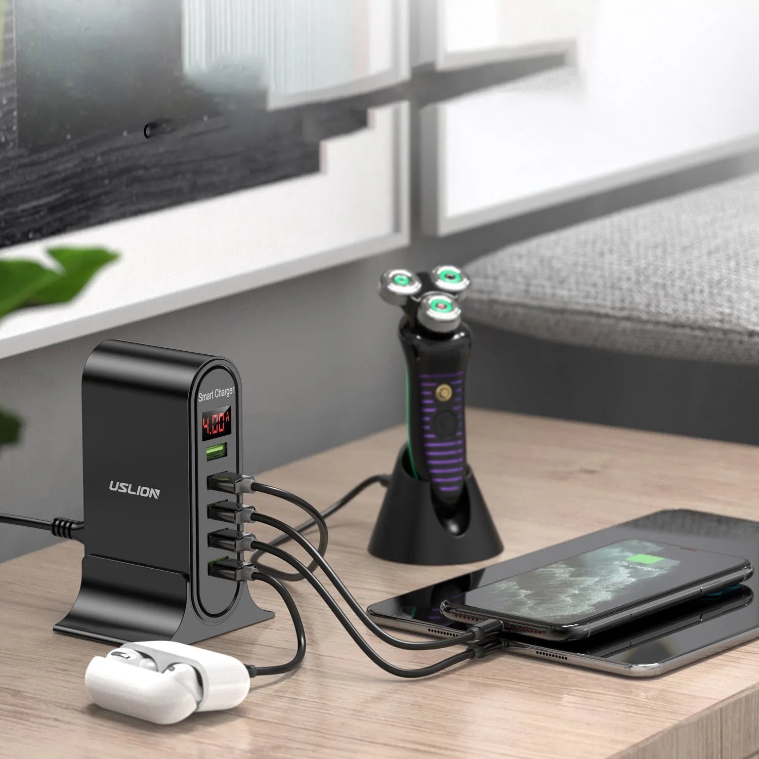 Black and white smart LED digital display USB charger with EU, UK, and US plug options