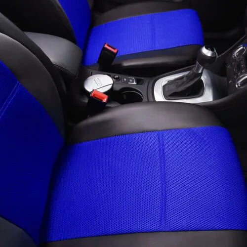 Black artificial leather car seat covers installed on front and rear seats of a vehicle