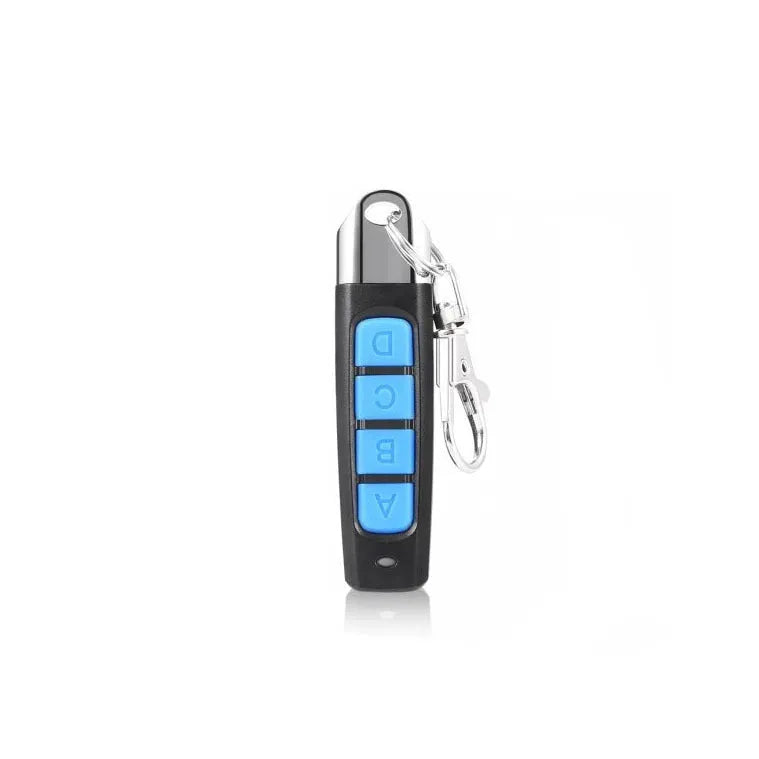433MHz rolling door remote control in black showing compact 6.7cm design with programming buttons