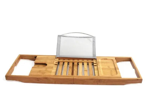 Natural bamboo bathtub frame with a single storage tier for bathroom organisation.
