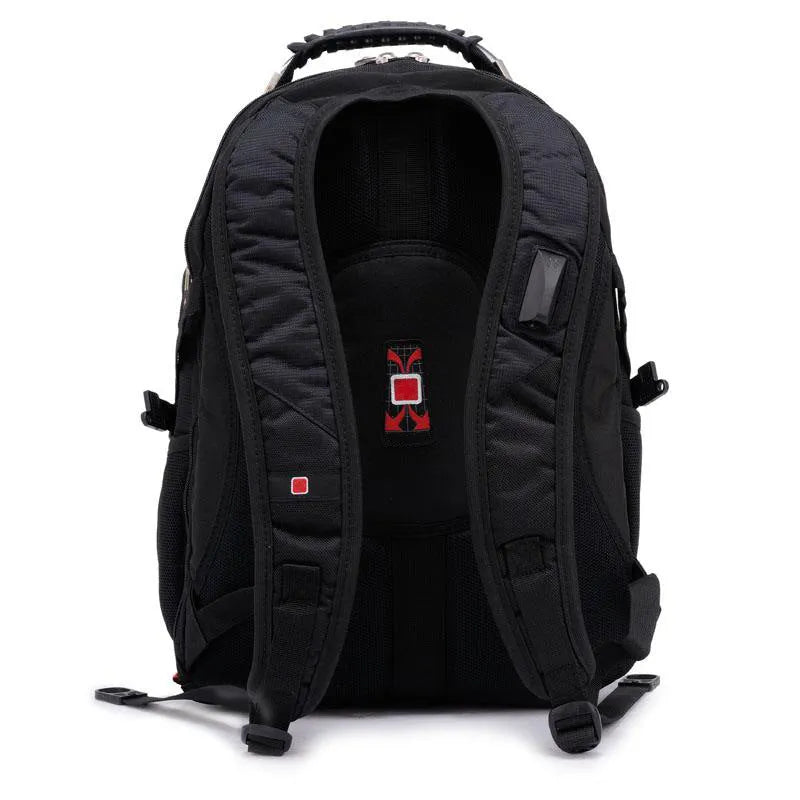 Black business computer backpack showing three compartments, open to reveal laptop sleeve and organiser pockets.