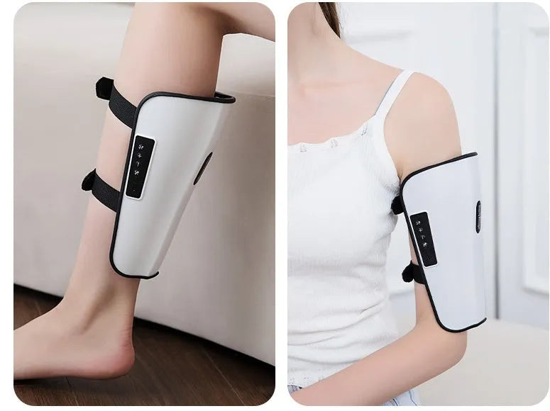 White plastic calf massager with mechanical controls for infrared and electrotherapy pulse functions.