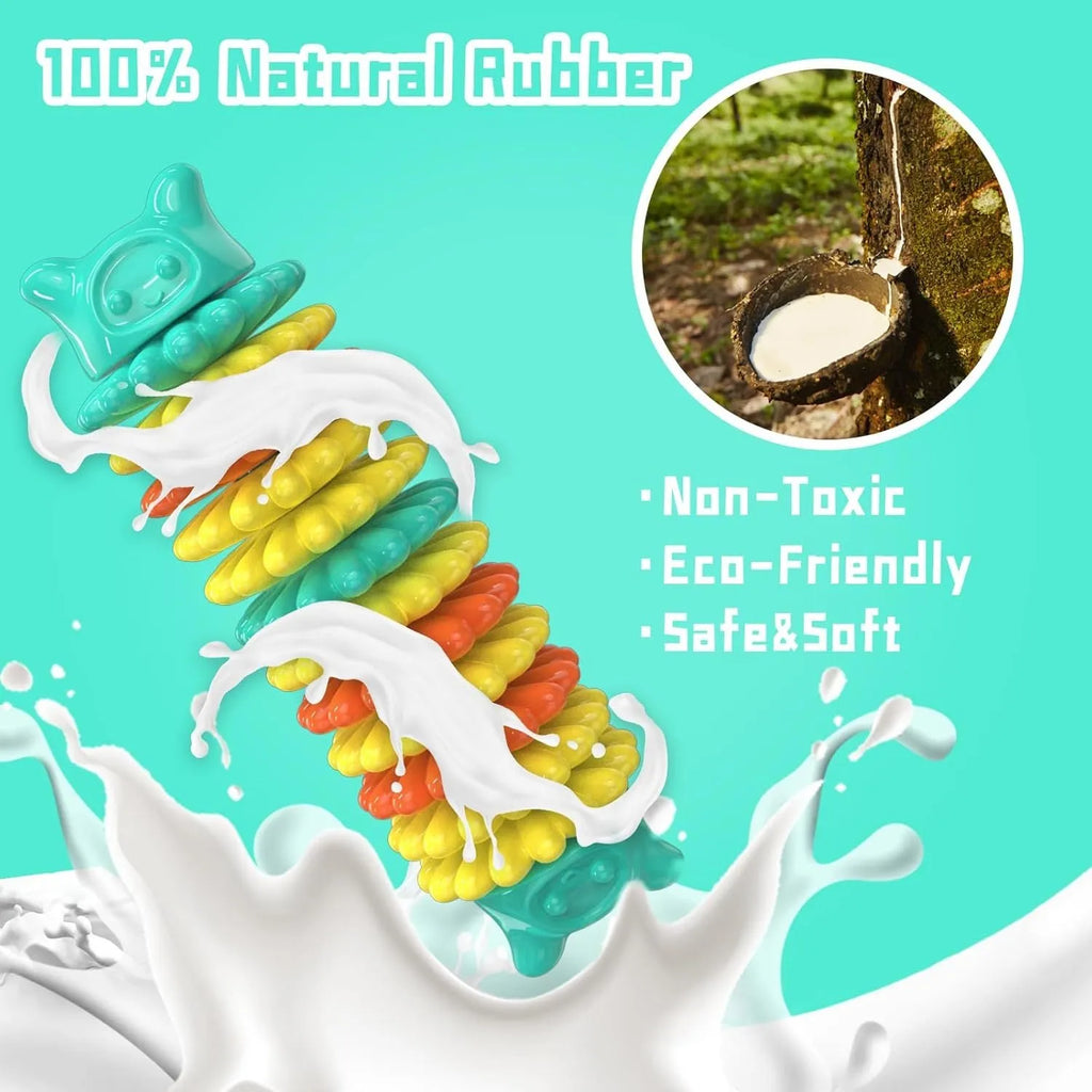 Blue green and pink caterpillar-shaped durable rubber dog chew toy for aggressive chewers.
