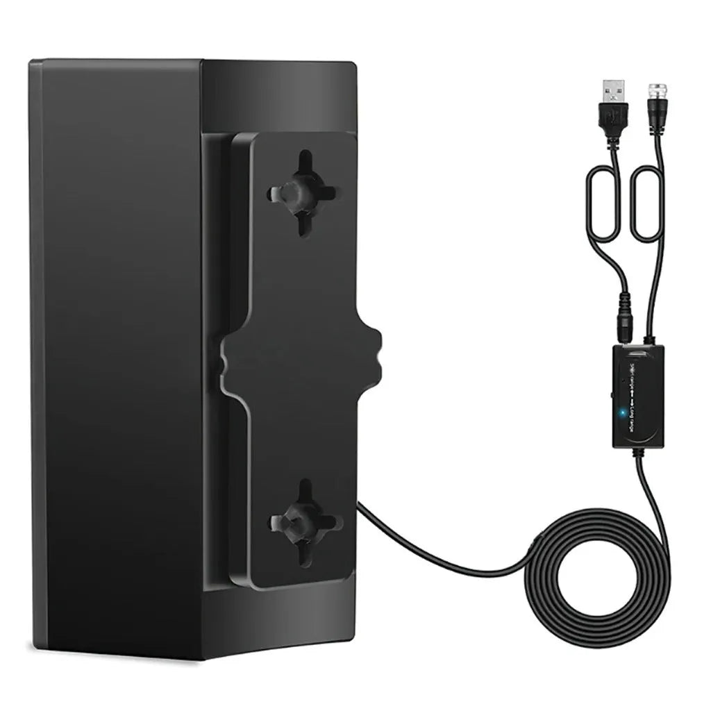 Black plastic HD digital television antenna with mounting hardware including expansion tubes, screws, cable ties, and adhesive tape