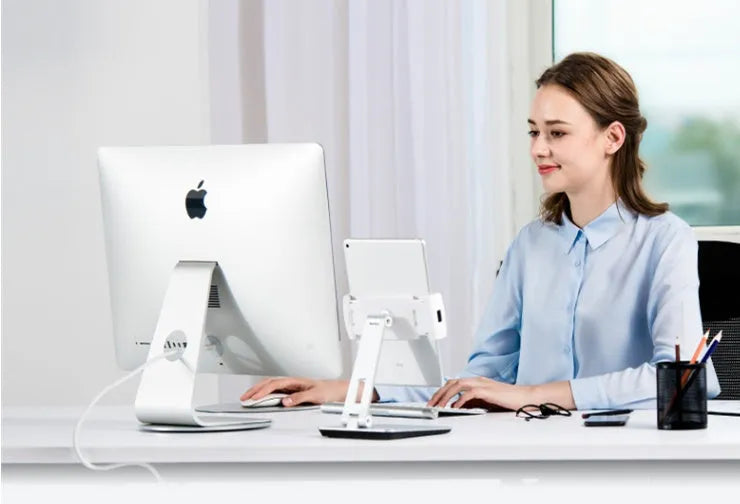 Folding aluminium phone and tablet stand with 360-degree rotation in silver colour