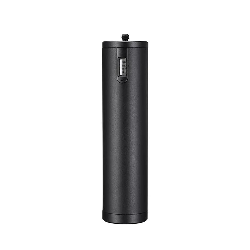 Black aluminium alloy charging handle power bank measuring 12.5cm with 6800mAh capacity