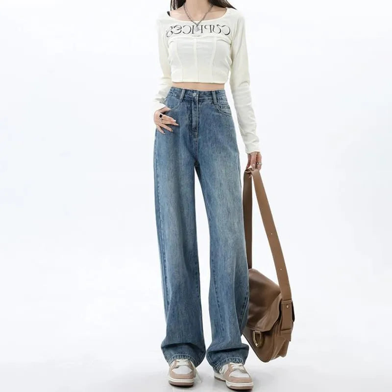Women's high waist wide leg jeans in retro blue denim with straight leg cut