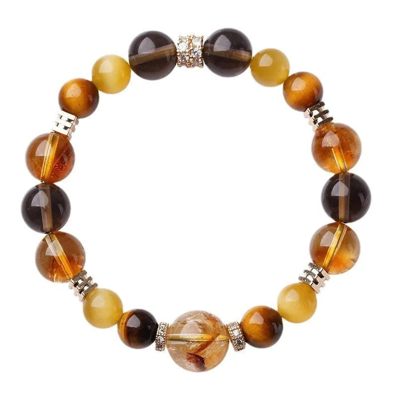 Yellow tiger-eye crystal bracelet with geometric tower pattern in 10mm and 12mm size options