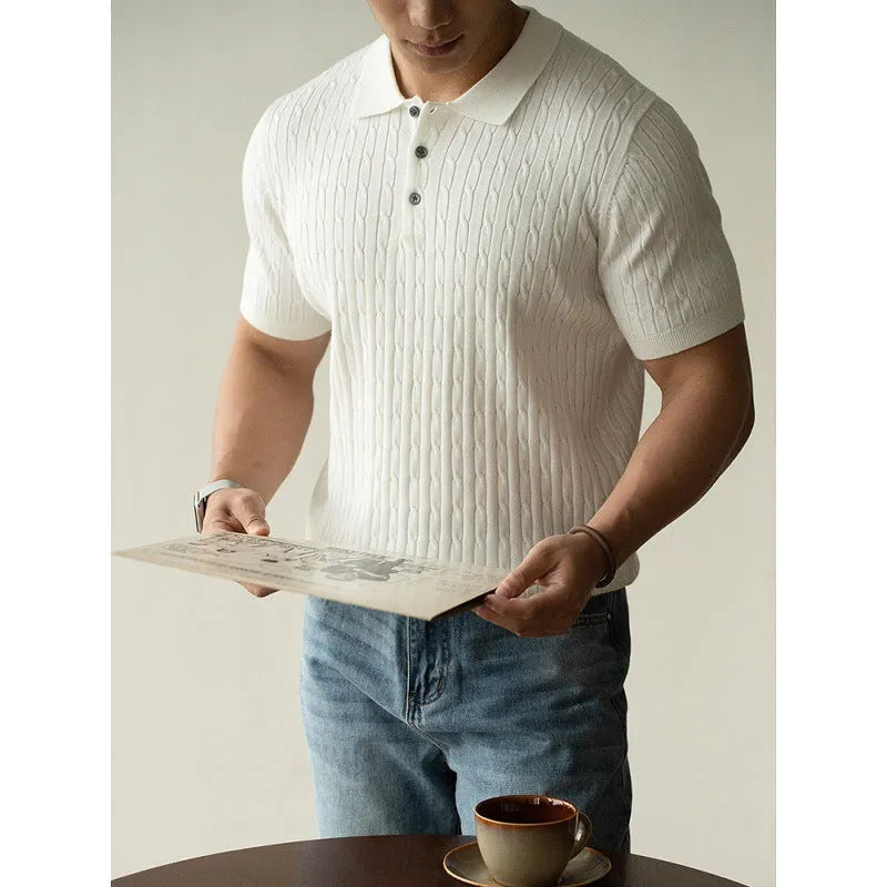 Men's khaki business commute short sleeve top showing Asian sizing options and fabric composition details
