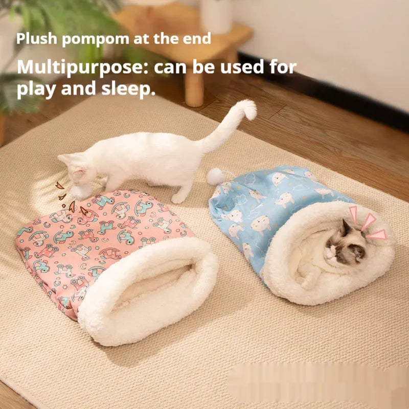 Blue rabbit print and pink Trojan print flannel cat sleeping bag nests, each 50x40cm.