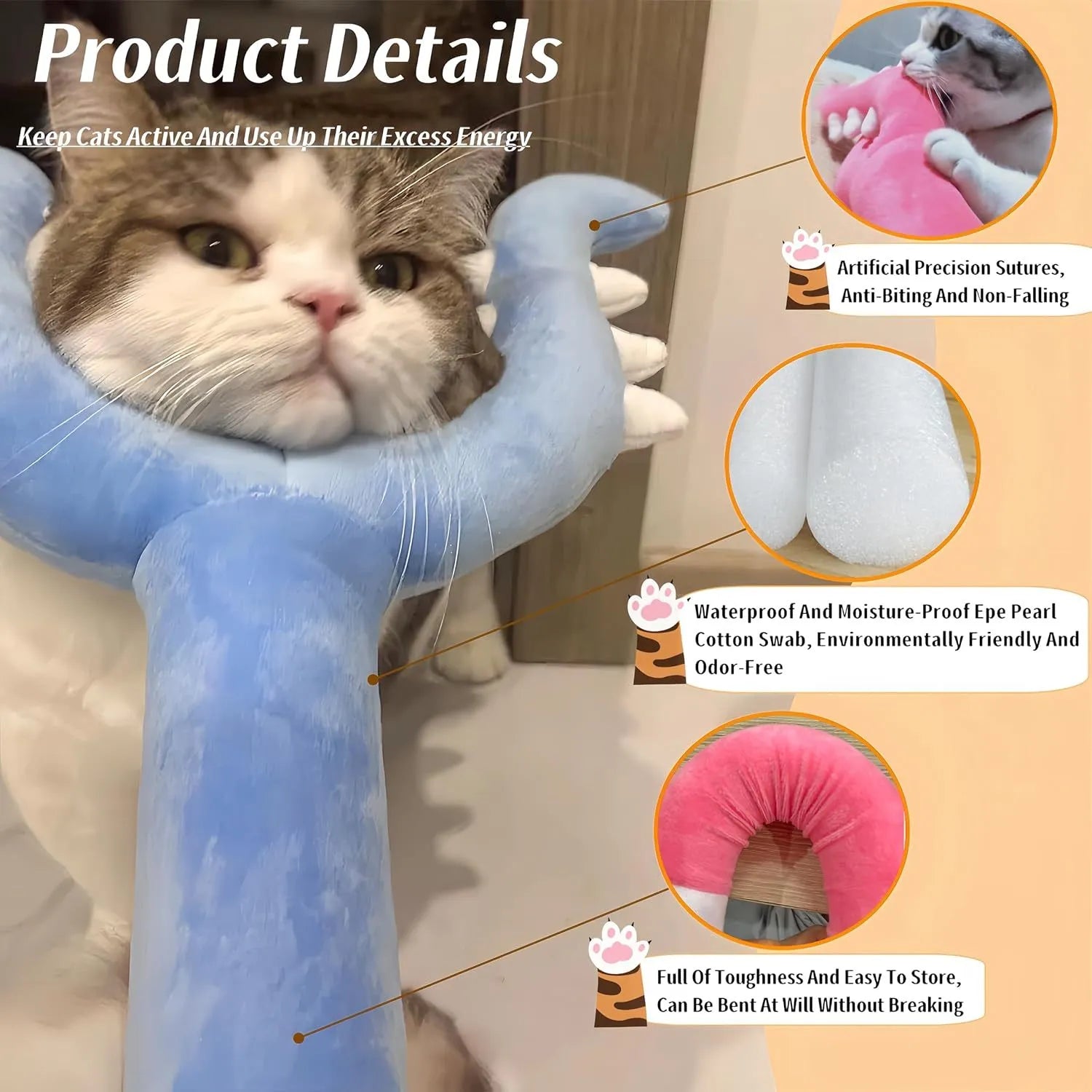 Blue and pink plush cat wand toy with 70cm length for indoor play