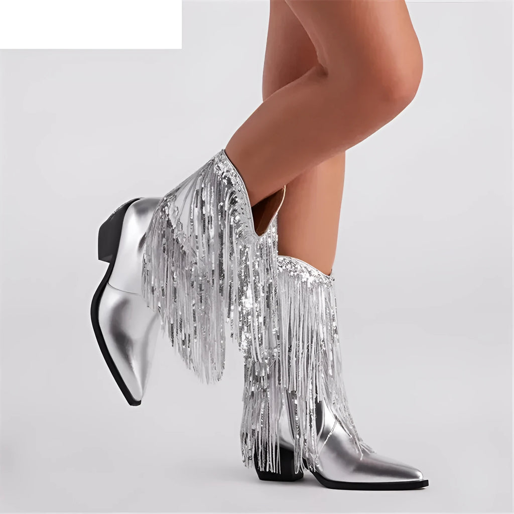 Women's black chunky heel boots with tassel detail on a mid-calf PU leather shaft.