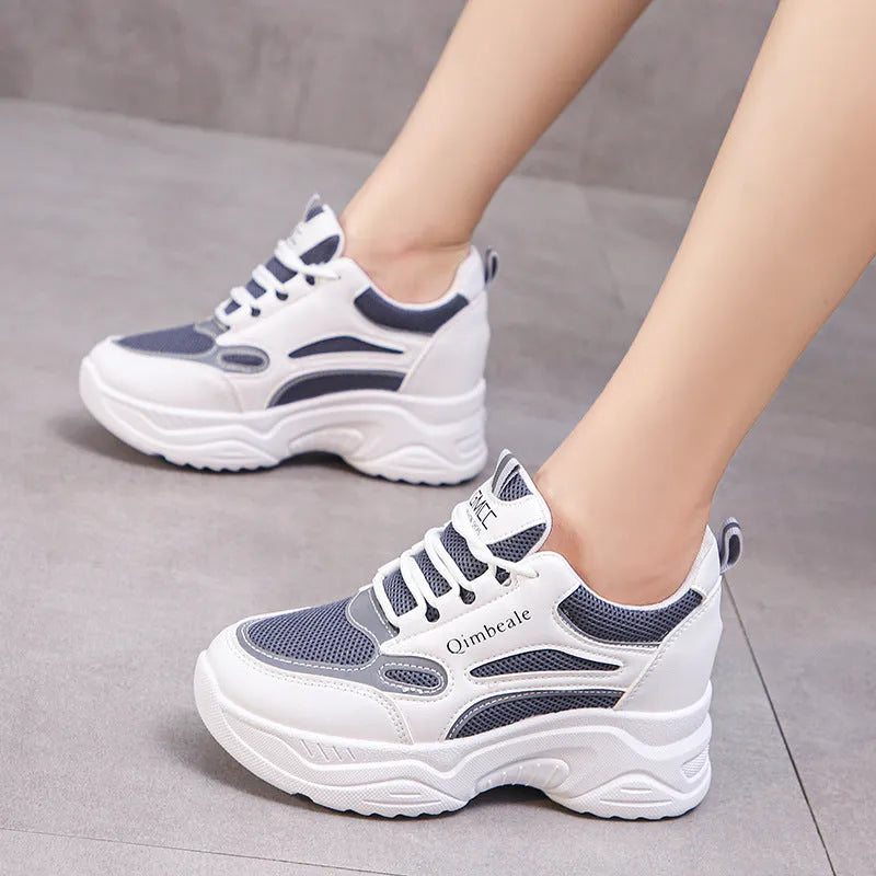 White height-increasing dad shoes mesh PU upper wedge heel 6-8cm platform casual sneakers