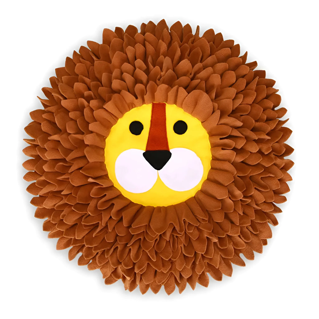 Brown lion-shaped pet sniffing pad with textured surface for hiding treats