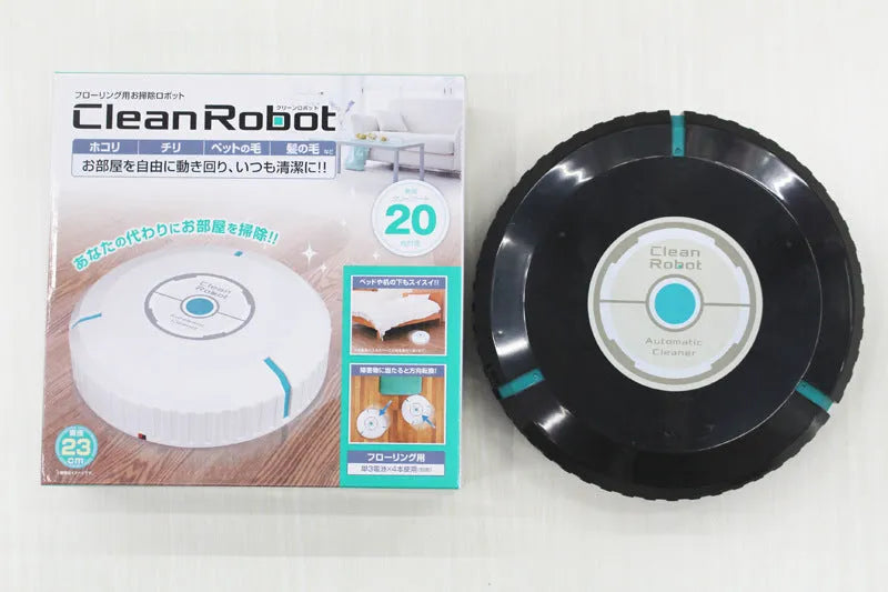 Black or white AC automatic floor sweeping robot on a wooden floor.