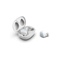 M18 true wireless Bluetooth earbuds in black and white with compact rectangular charging case