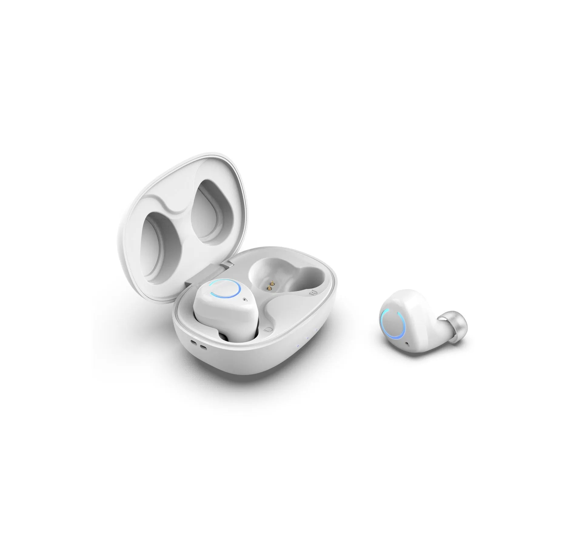 M18 true wireless Bluetooth earbuds in black and white with compact rectangular charging case