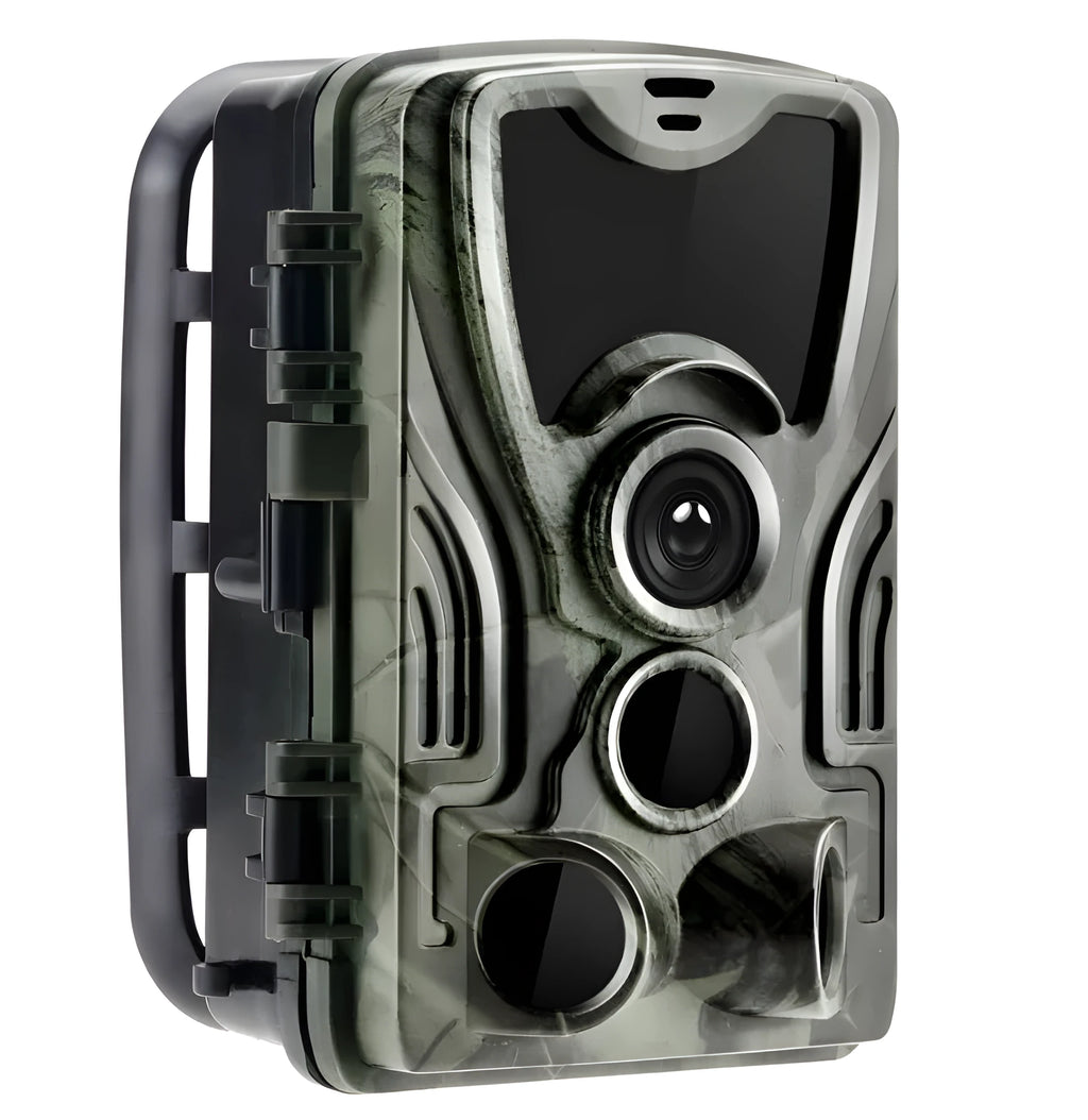 Green cellular trail camera with lens display and mounting bracket for outdoor wildlife monitoring