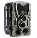 Green cellular trail camera with lens display and mounting bracket for outdoor wildlife monitoring