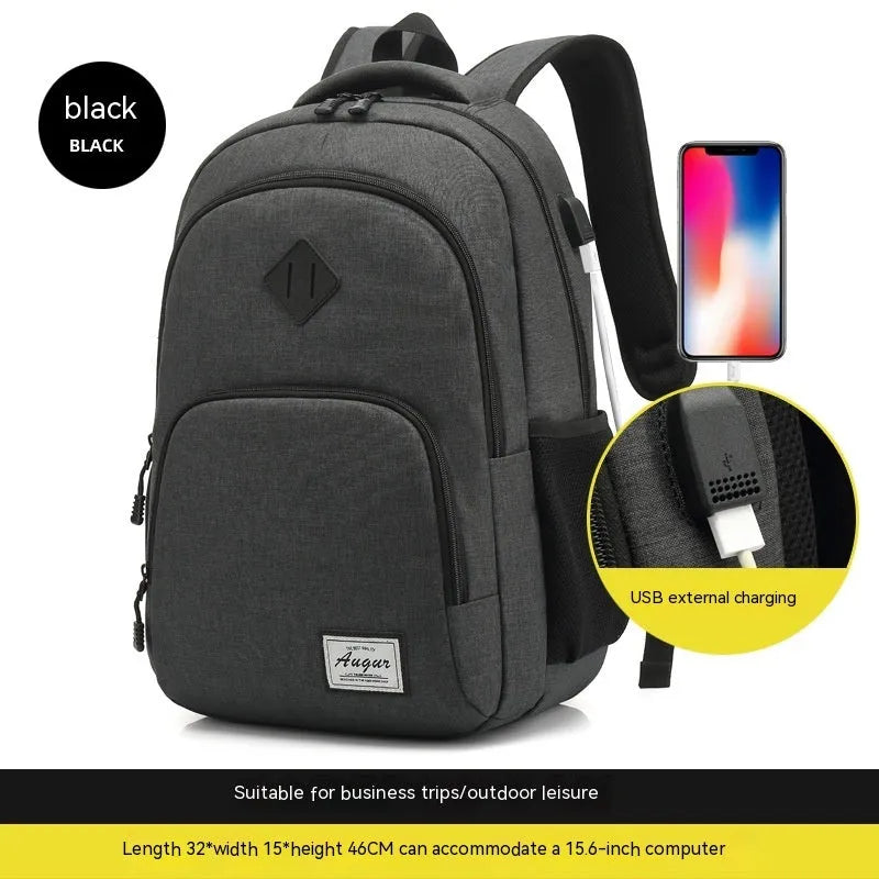 Grey lightweight nylon backpack with a USB charging port and travel straps.