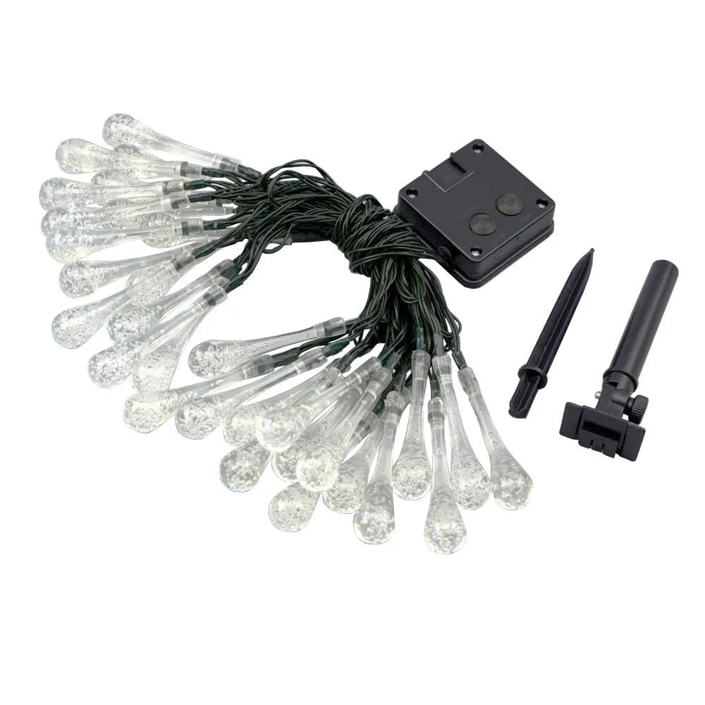 Solar-powered LED outdoor string lights with water drop pendants on a 6.5 metre cable