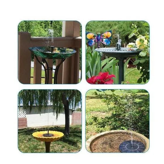 Black solar water fountain pump with solar panel, measuring 16cm, for ponds and bird baths.