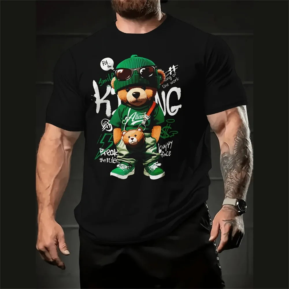 Man wearing a loose-fit short sleeve shirt with a colourful 3D cartoon print.