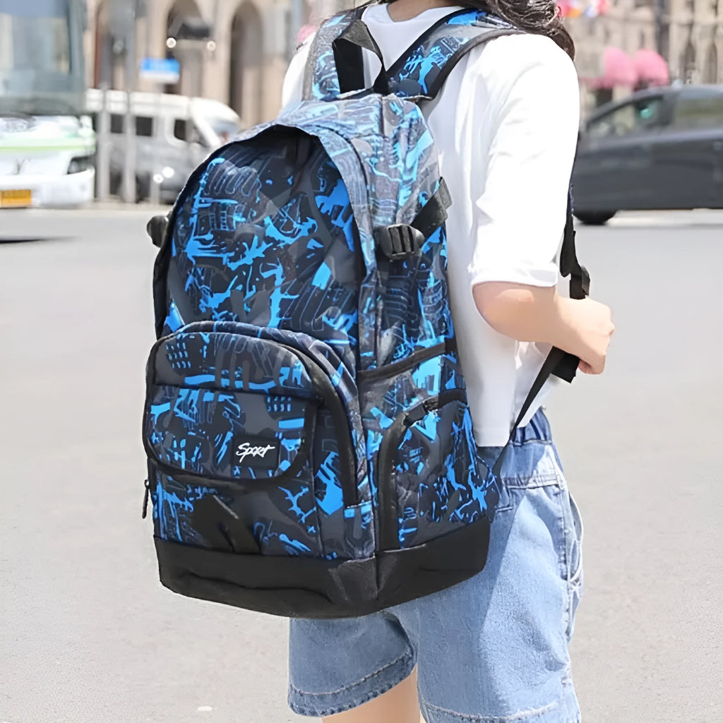 Classic large blue nylon backpack shown from the front, with red colour option available.