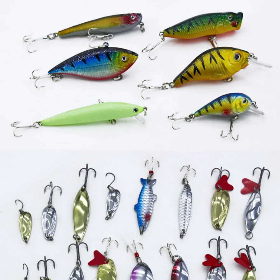 132-piece rose red fishing lure set in open case showing soft baits and hooks.