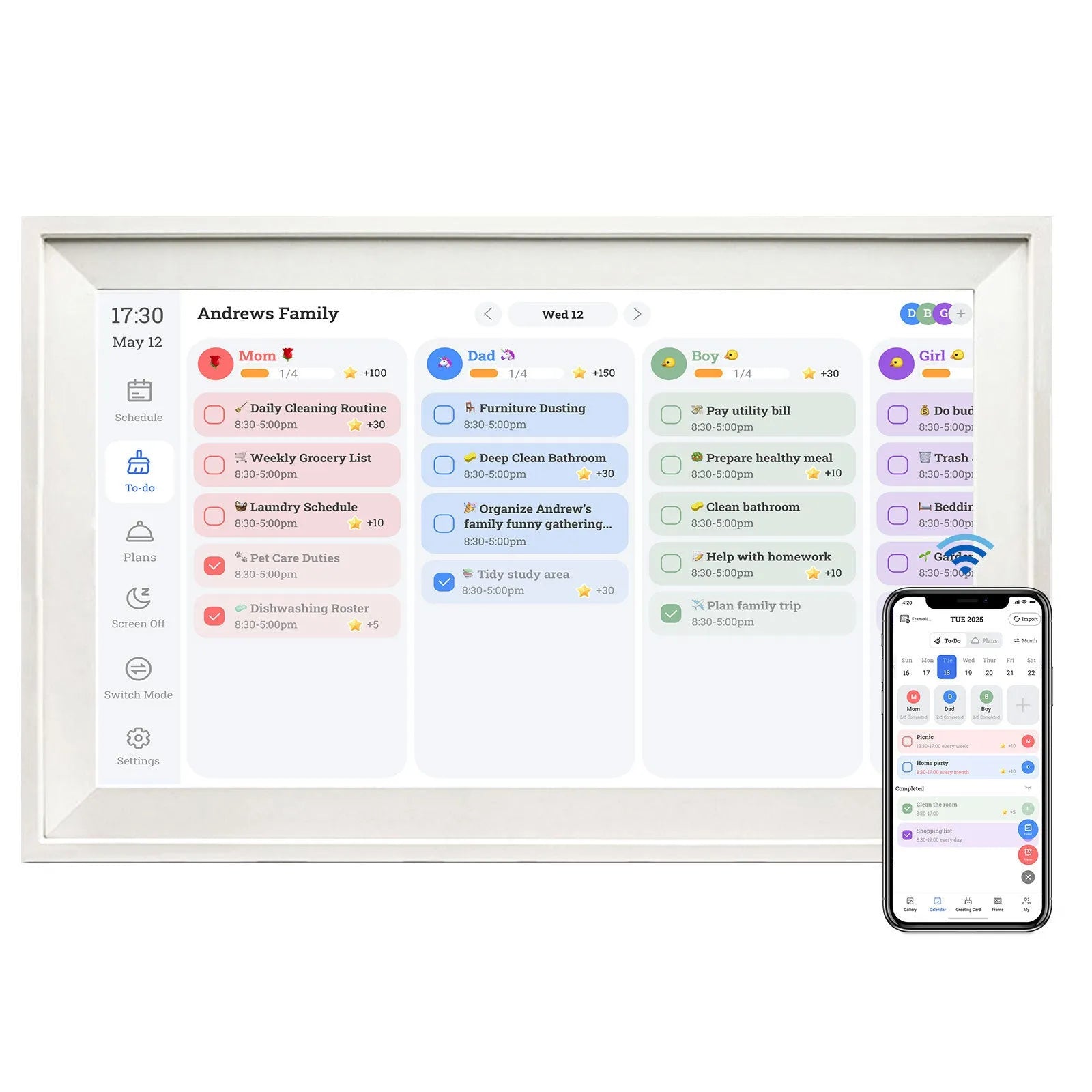 White 15.6 inch smart digital photo frame with app connectivity on wall mount