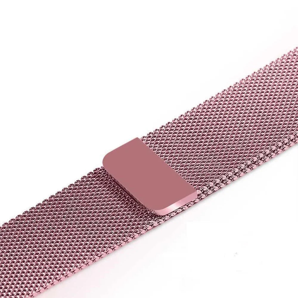 Stainless steel Apple Watch replacement strap in silver, showing metal links and clasp for 38mm-44mm models.