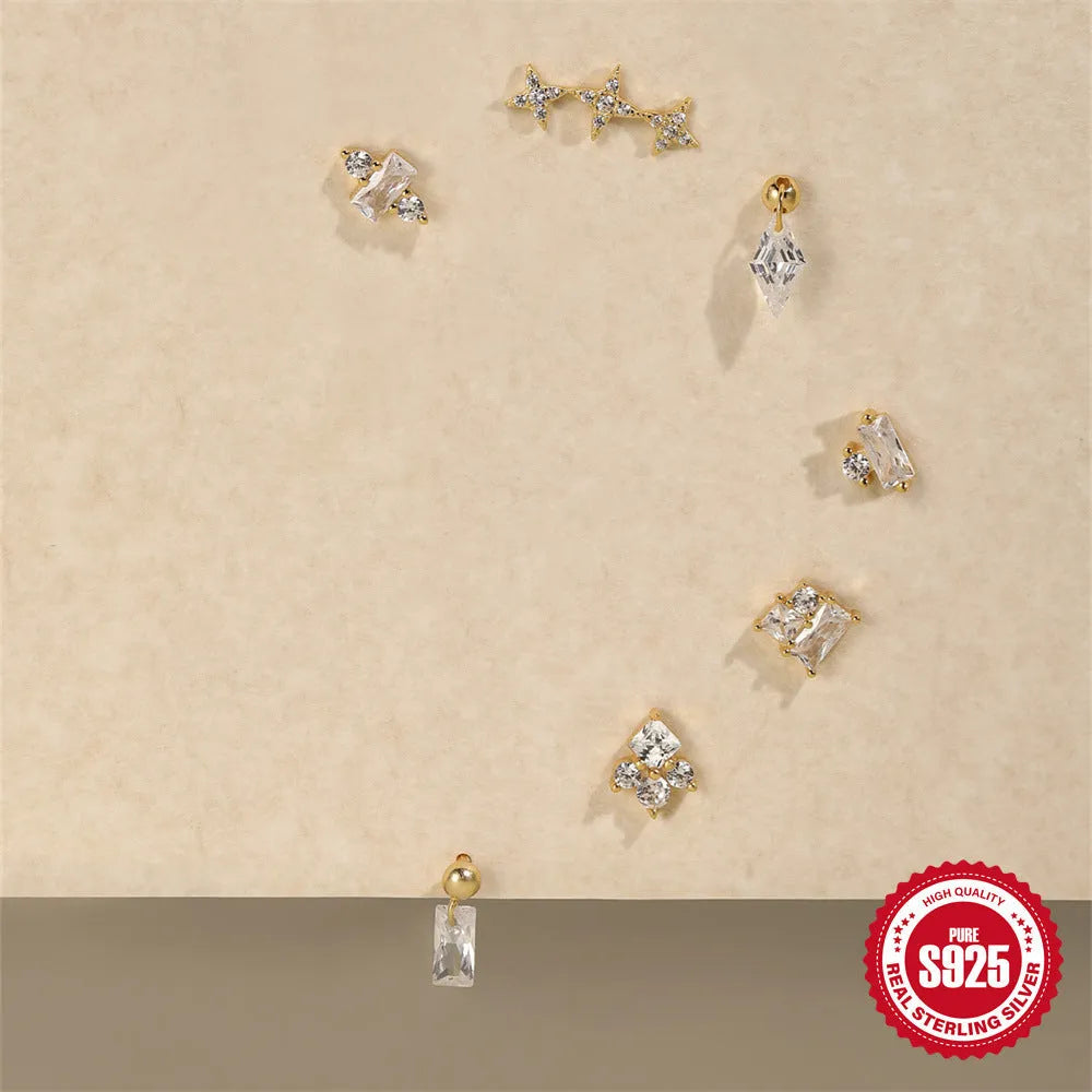 S925 sterling silver red flower stud earrings with square gravel texture in a gold tone.