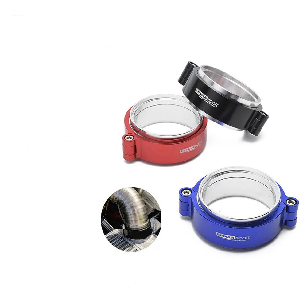 Aluminium fixed movement exhaust clamp for car turbine downspouts in black, blue, or red.