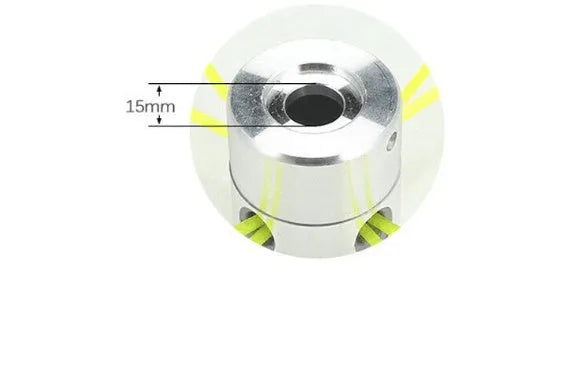 Silver aluminium lawn mower grass trimmer head with four light yellow nylon strings, wrench, and gasket.