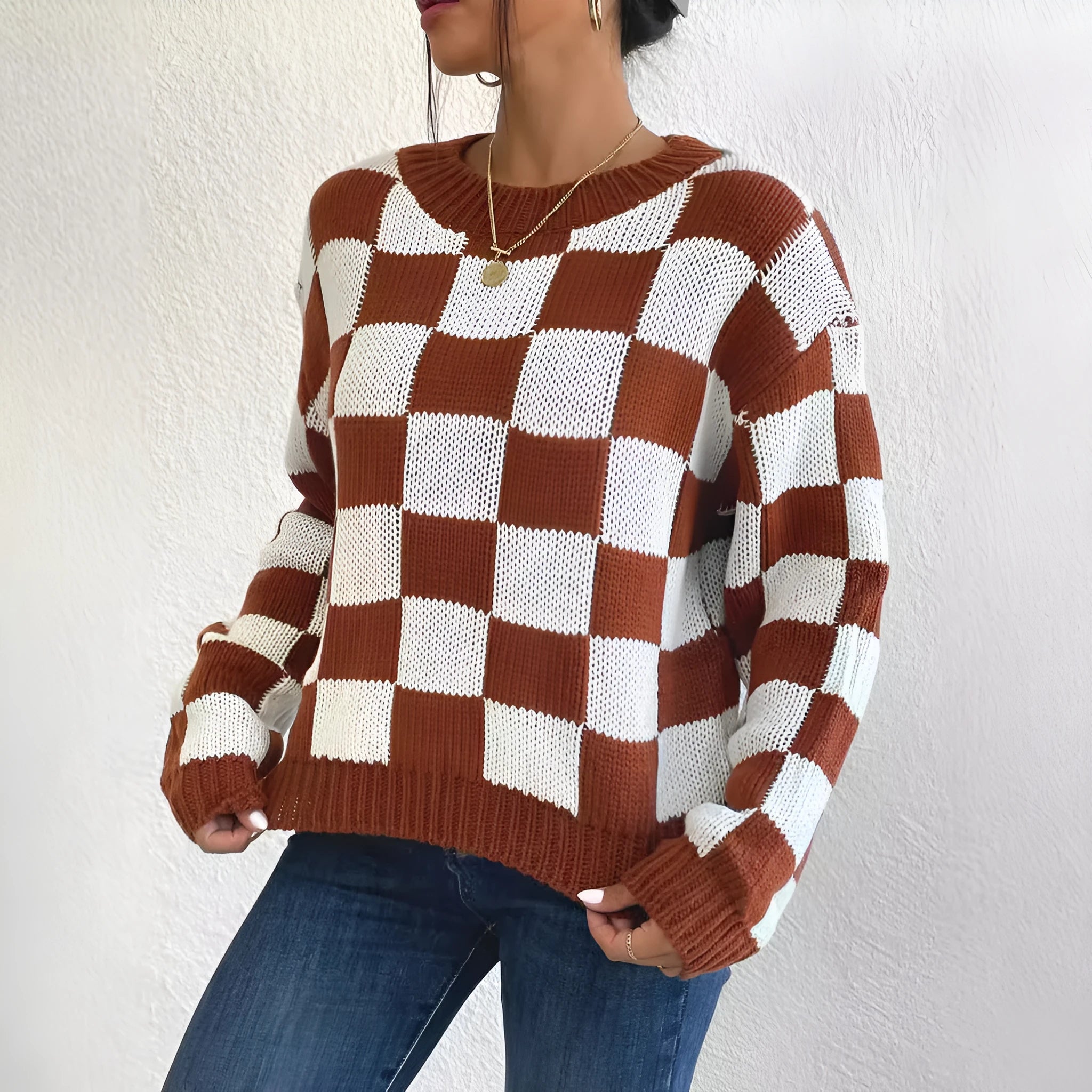 Dark brown plaid pattern acrylic pullover sweater with long sleeves and round neck