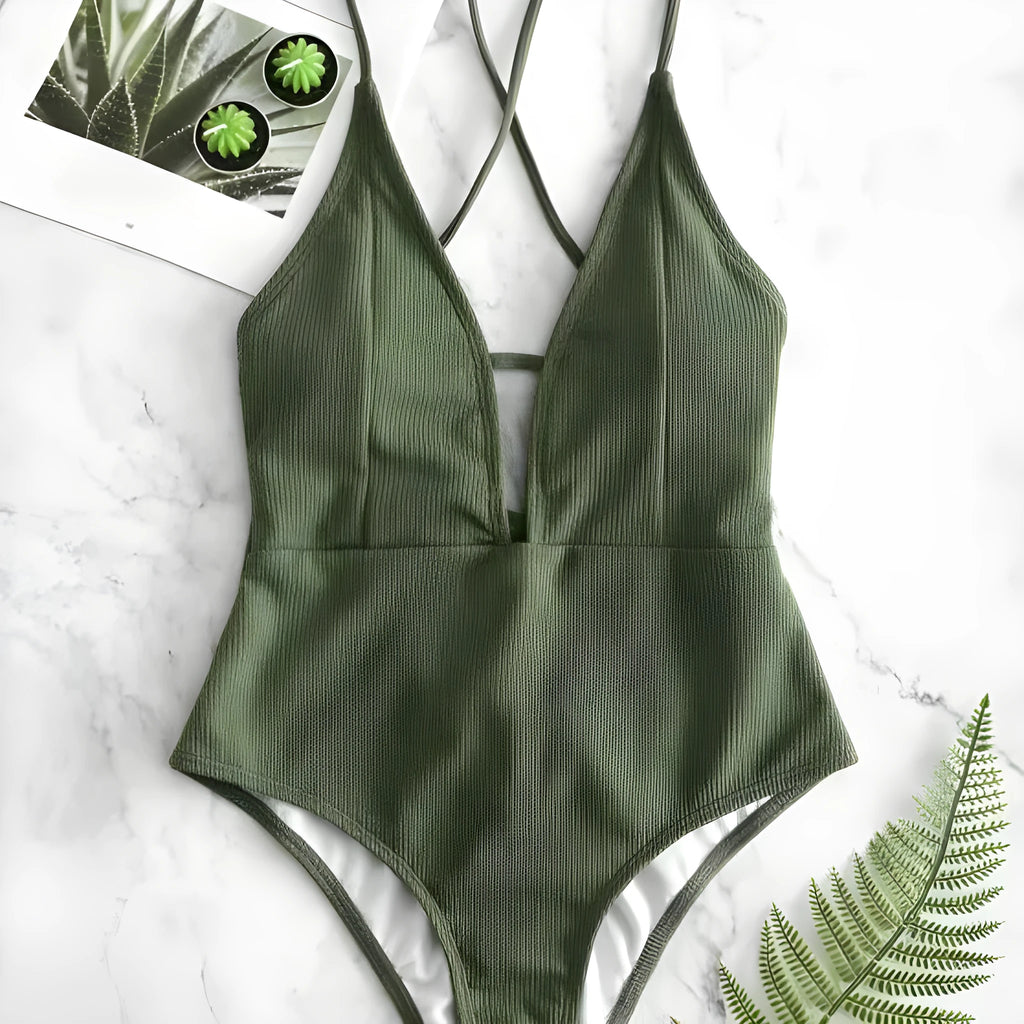 Women's solid colour lace-up one-piece swimsuit in black polyester fabric