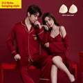 Red ice silk matching wedding sleepwear set for men and women with long sleeves and trousers
