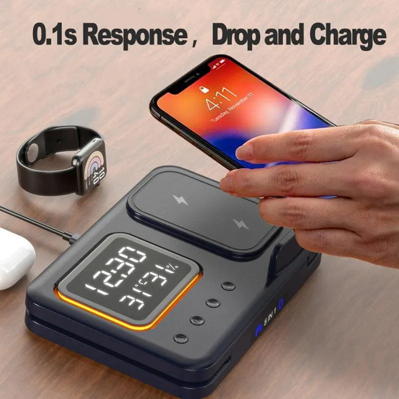 Black and white foldable wireless charging station with digital clock displaying time and temperature
