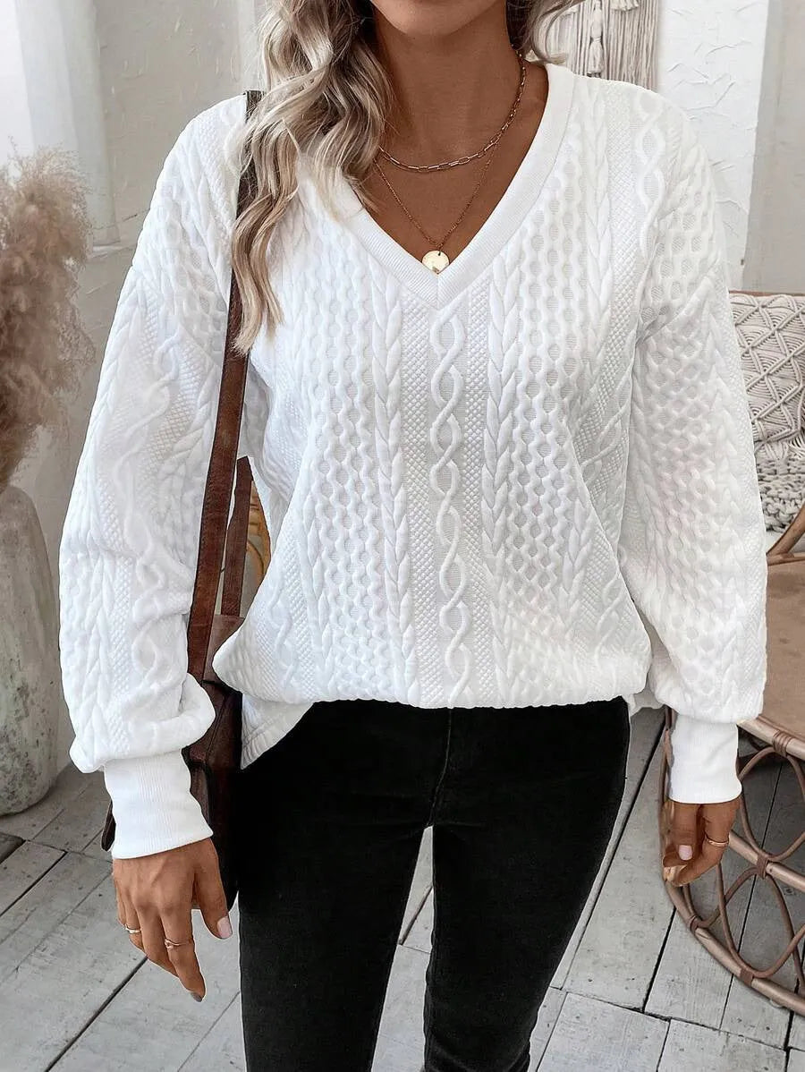 Milky white loose fit long sleeve T-shirt with 3D pattern design in Japanese Korean casual style