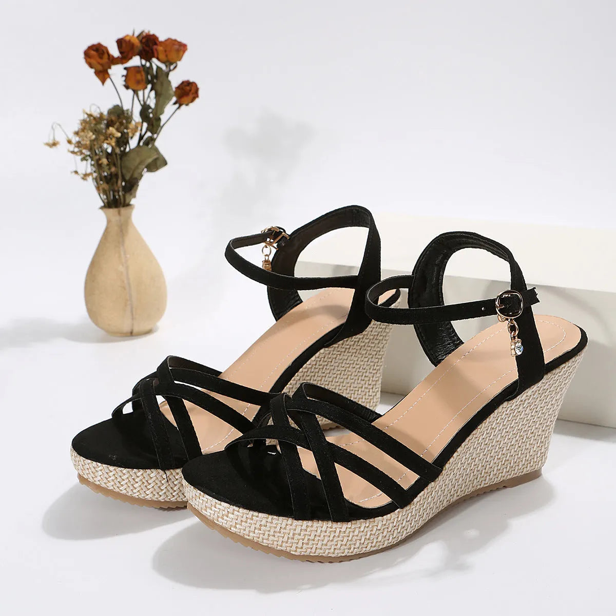 Women's black wedge sandals with fish mouth toe and cloth upper, size 38