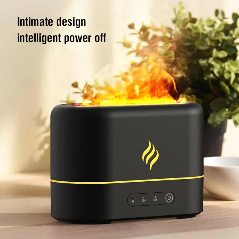Black USB humidifier with seven-colour flame light effect on a desk.