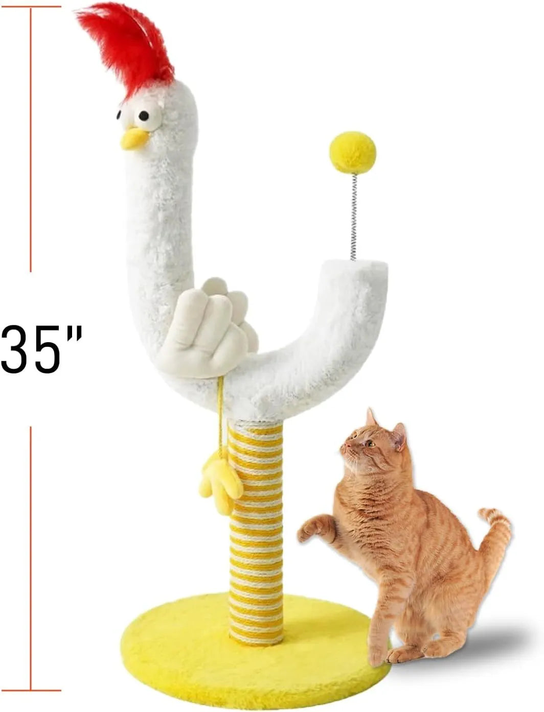 Tall sisal rope cat scratching post with U-shaped design and a red spring ball toy at the top