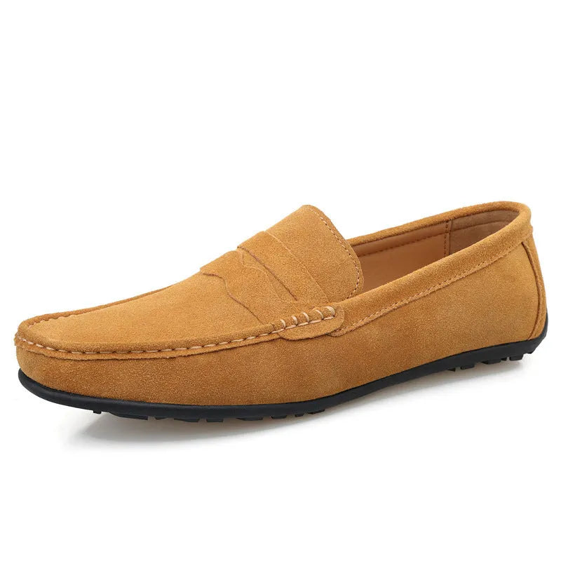 Men's suede slip-on loafers in solid colours with round toe and flat rubber sole