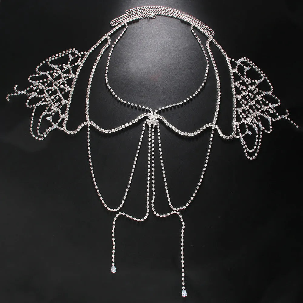 Men's multi-layer tassel shoulder chain with rhinestone accents, gold, alloy