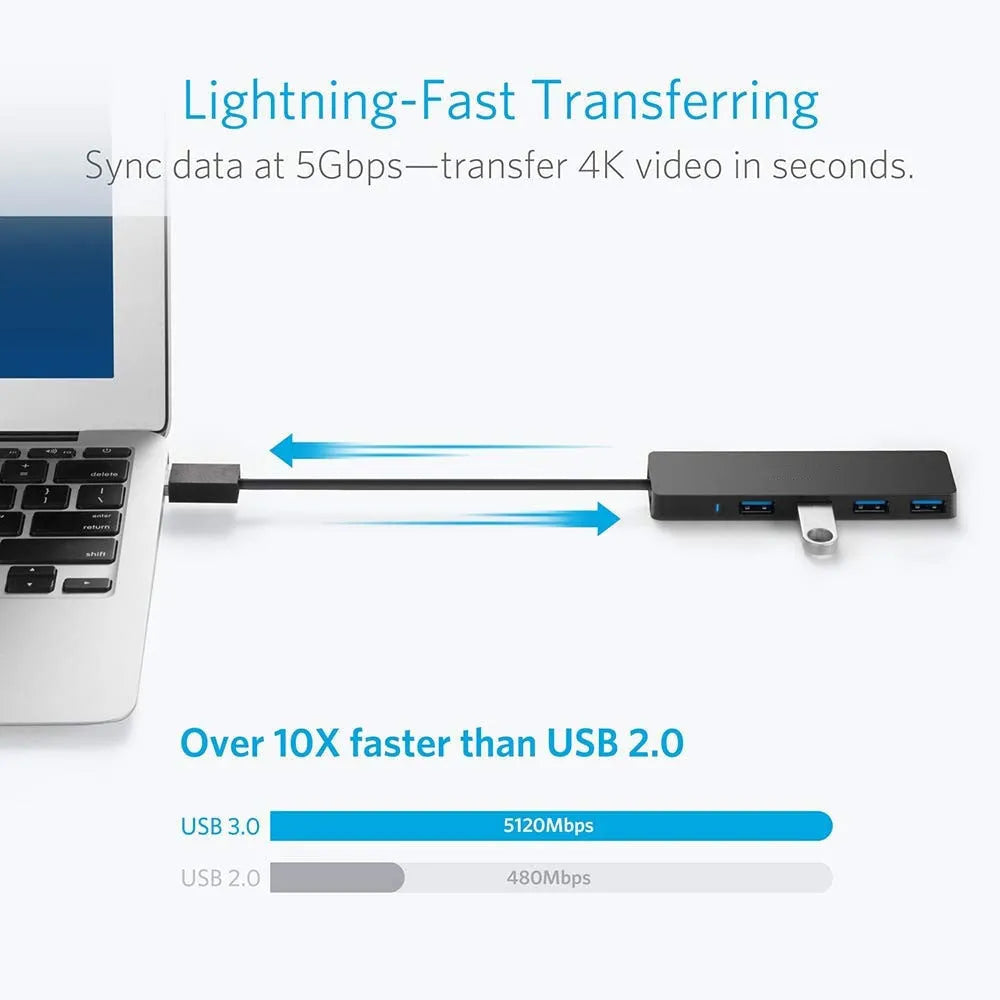 USB 3.0 hub with 4 ports, LED indicators, and 30cm cable for high-speed data transfer