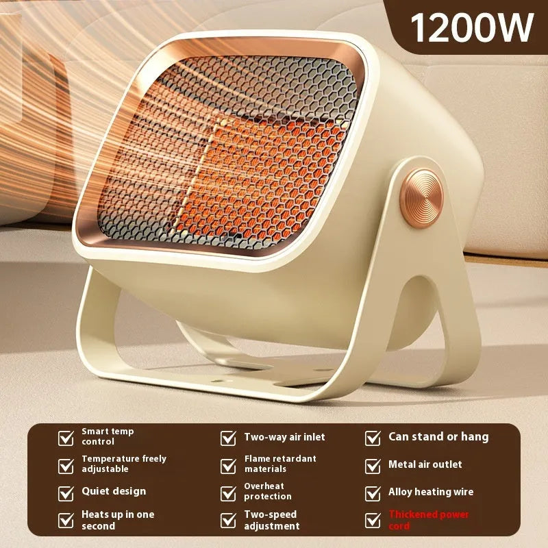 Compact grey desktop heater with ceramic heating technology and rotatable design