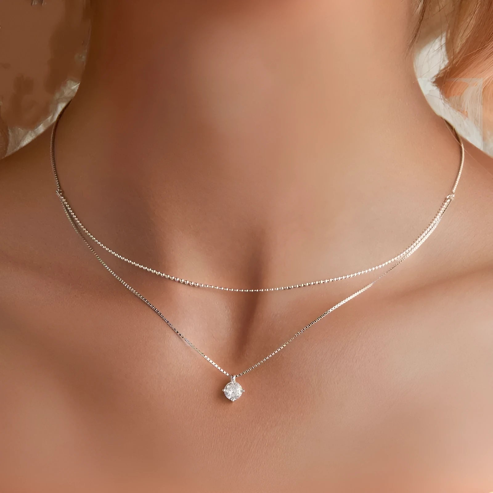 Silver double-layer necklace with S925 sterling silver chain and alloy pendant
