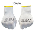 White PU coated labour gloves with 24 cm length shown in large and medium sizes